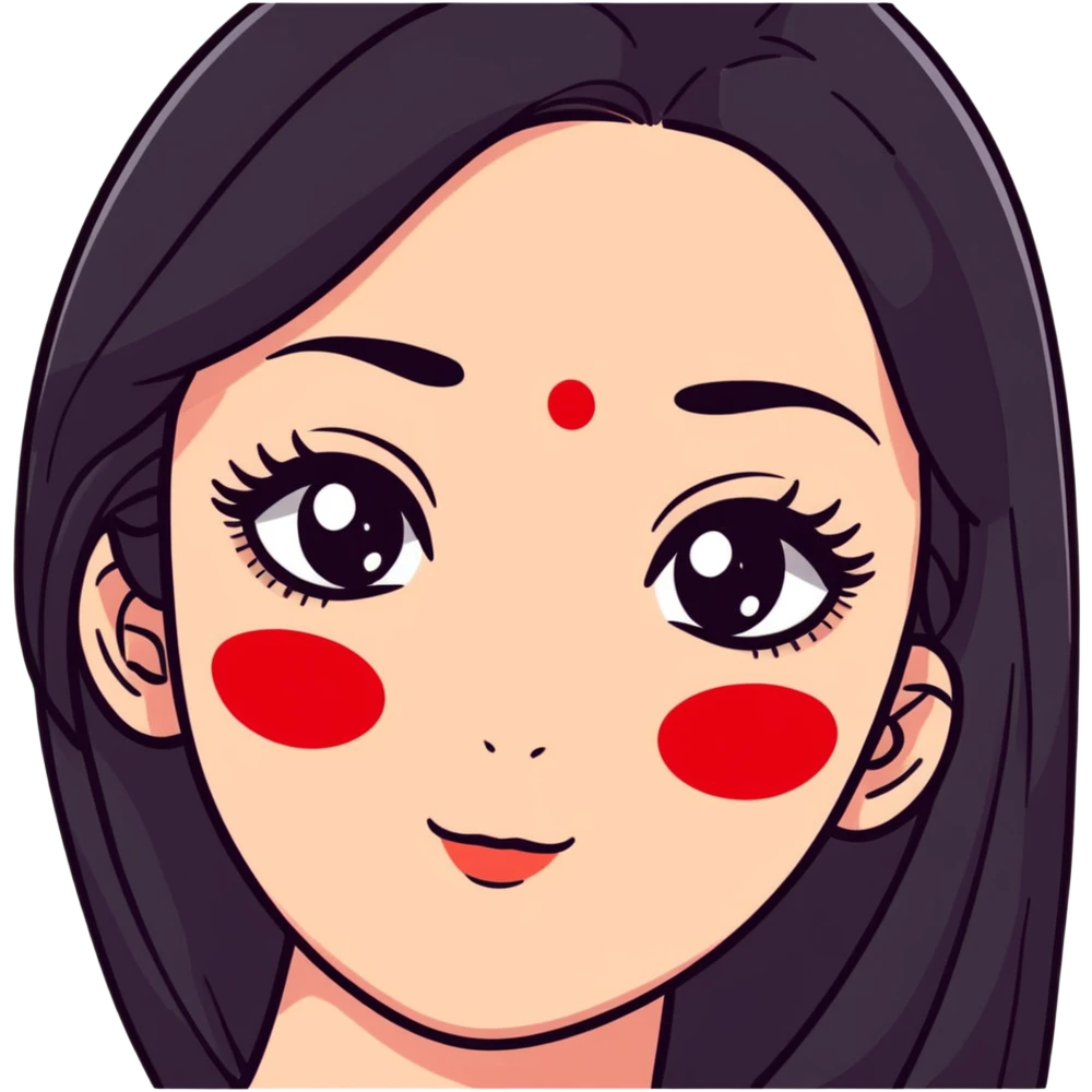 White girl with long oval shaped face, large almond shaped eyes with long eyelashes, long straight black hair falling in front of her bare shoulders, face closeup, with red and white gopi dots decorating her forehead above eyebrows emoji
