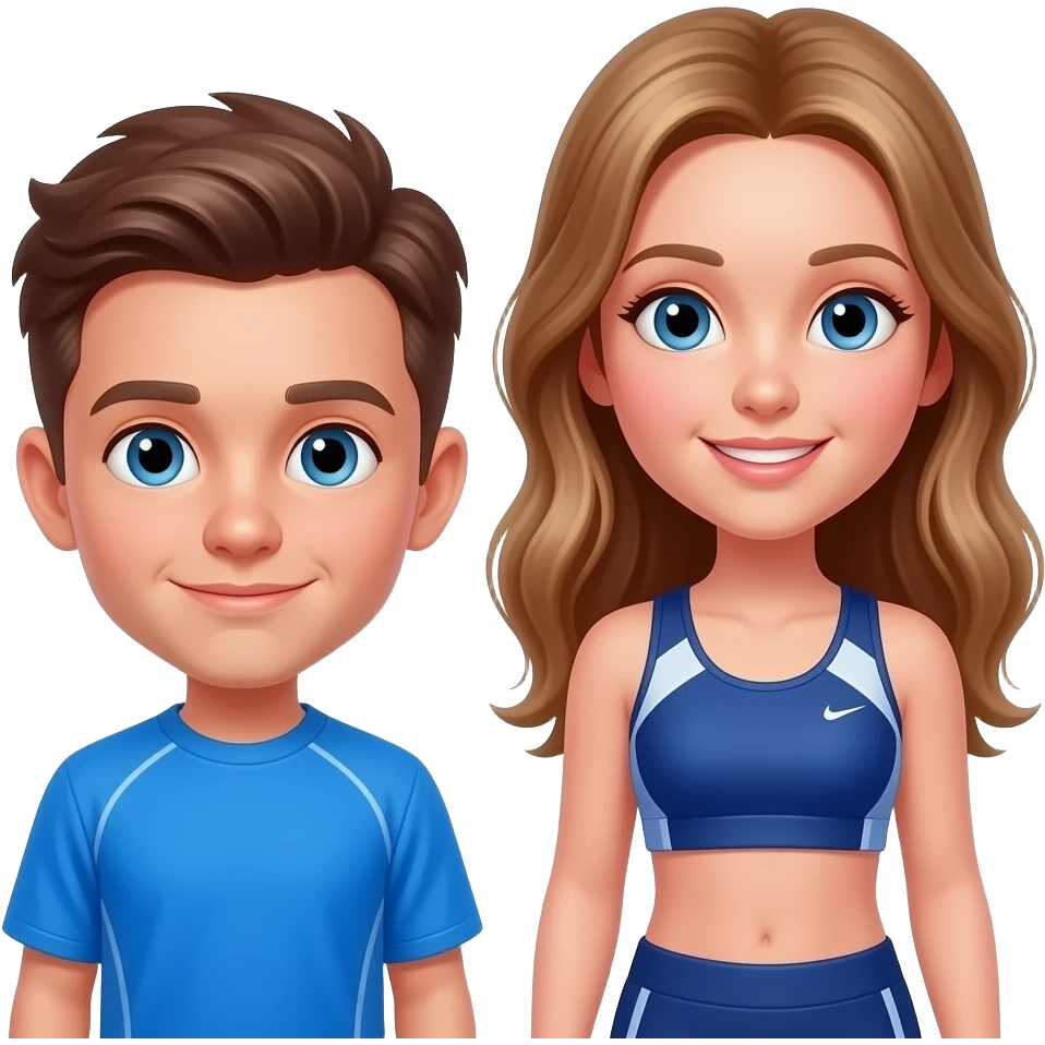 chico vestido de azul y chica grande vestida corriendo, el chico castanyo i con pelo corto y la chica pelo suelto y un poco rubia pero castaño y los dos tienen ojos azules son hermanos emoji
