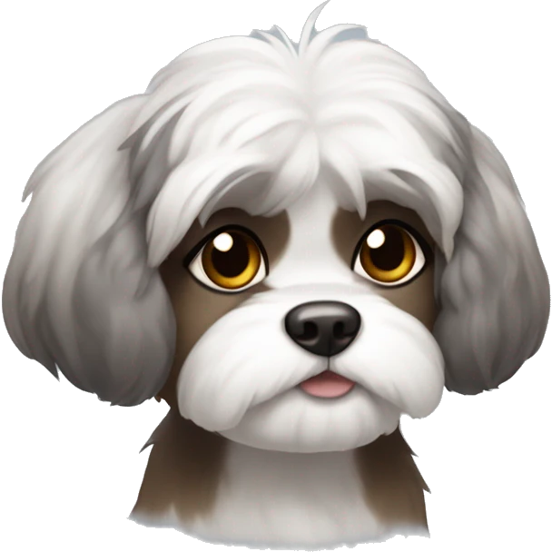 A white Shitzu with brown on her mouth, and a little bit of dark grey fur on her eyes and ears. emoji
