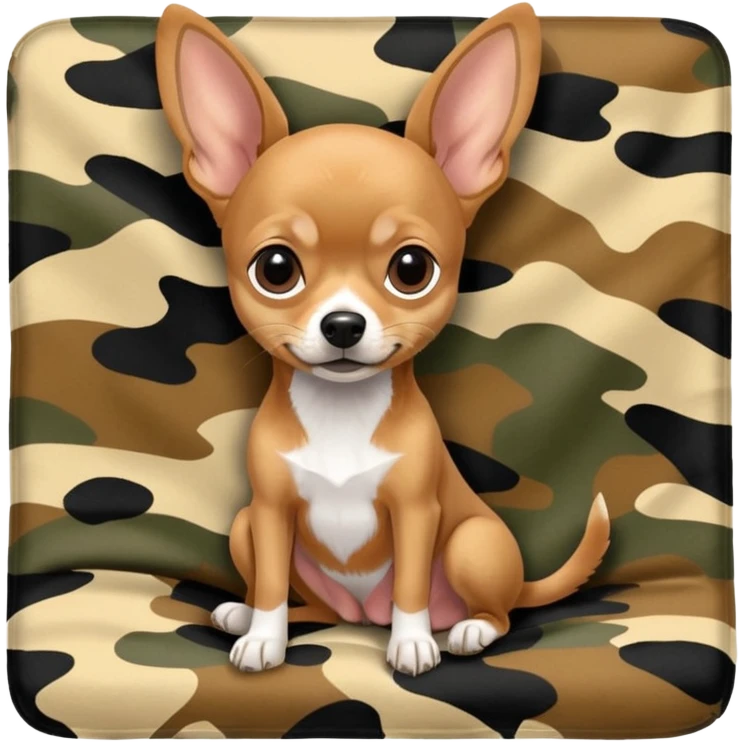 Miniature Pinscher Chihuahua mix dog sitting on a camouflage blanket, cute and expressive emoji