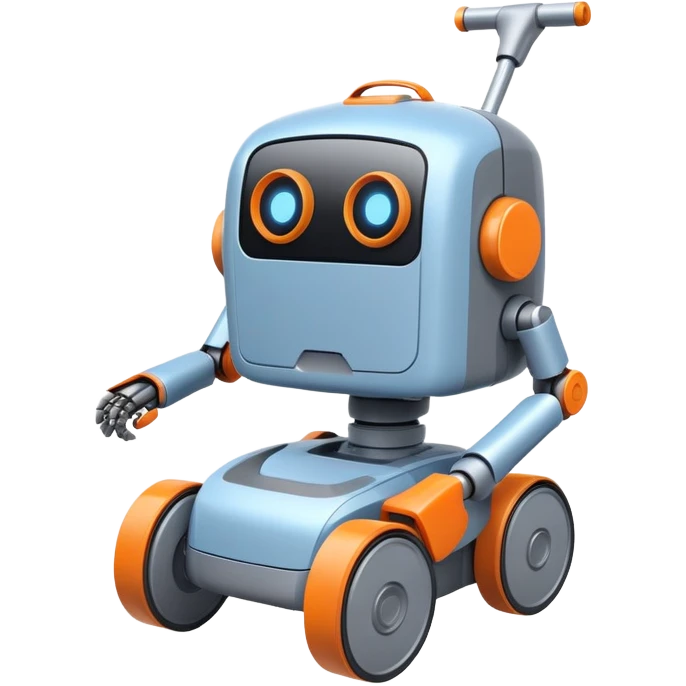cleaning robot on wheels with blue, grey, and orange colors emoji