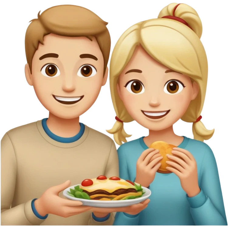 two people sharing food, smiling, simple and expressive emoji