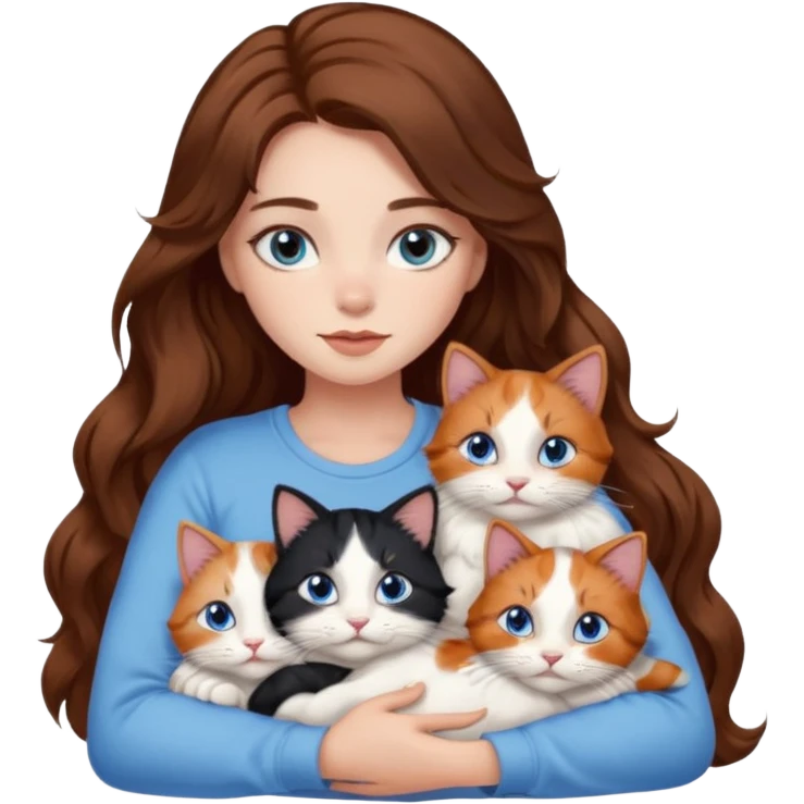 girl with long wavy brown hair, blue eyes, long lashes makeup, cuddling with 6 cats emoji