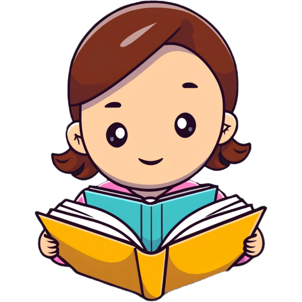 Young girl happily reading a colorful book emoji