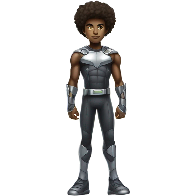 Muscular Afro teenage boy in a Cyborg superhero costume standing on a spaceship. emoji