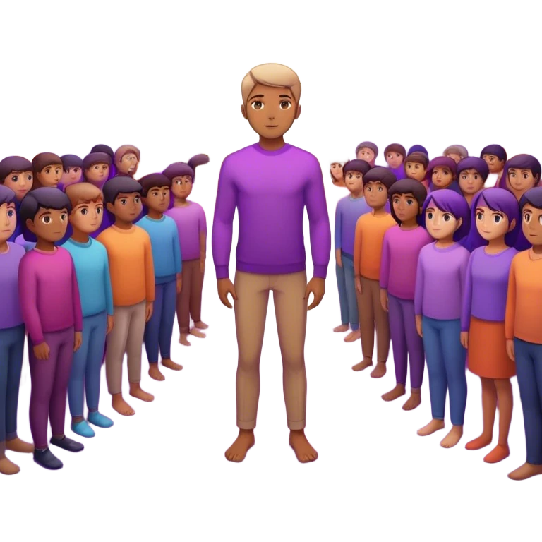 A charismatic person standing confidently in the center of a room, radiating a violet warm bright aura glow, he is calm with a lot of people around emoji