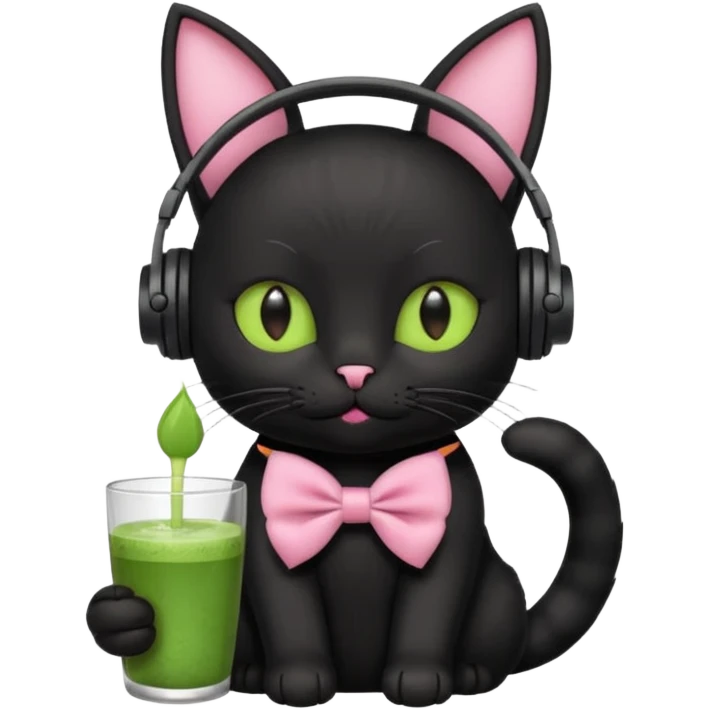 A black cat wearing cute headphones with a glass of matcha, a pink bow on his ear emoji