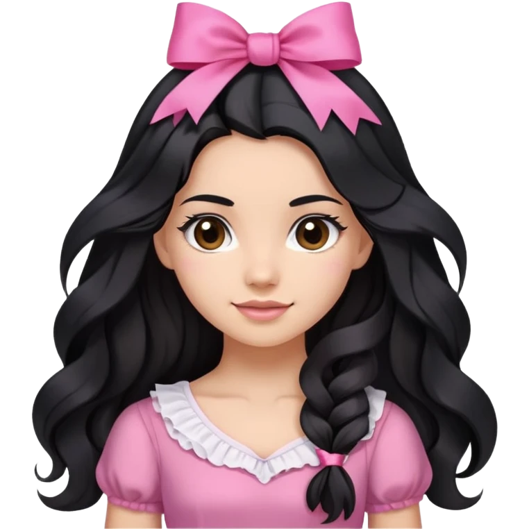 Beautiful girl with long black hair in a half-up half-down hairstyle with pink ribbon tying the top half, waves at the ends, brown eyes, light skin, slight smile, and pink dress emoji