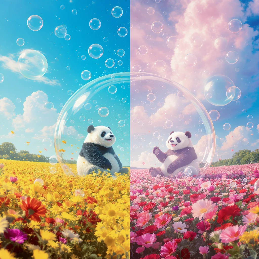 Cinematic still pandas bears sitting inside bubbles flying over field full of flowers, sunny summer day, happy vibe, minimalisic, composition splited to half(sky and flowers) emoji