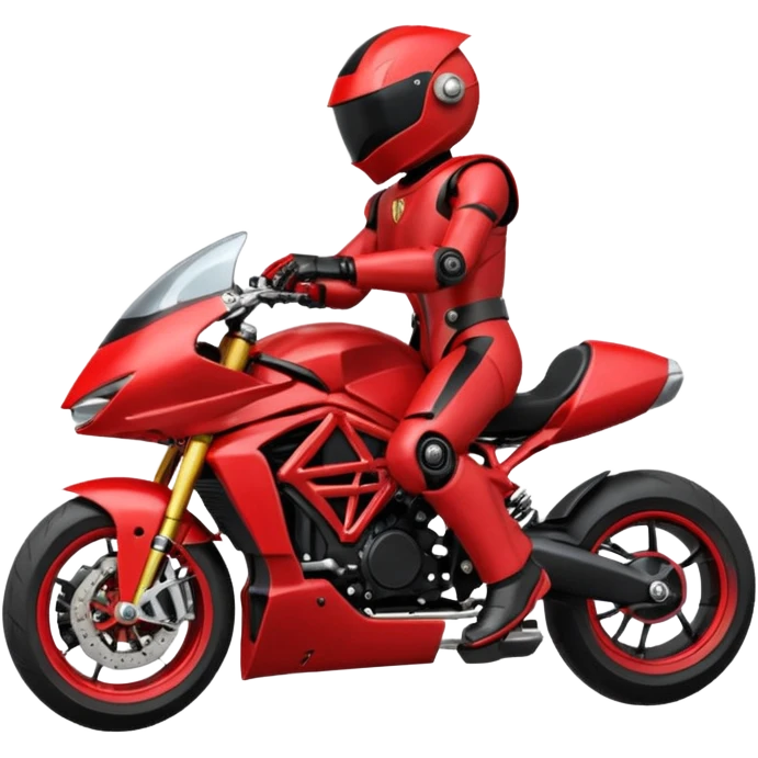 Un robot type bender de Futurama conduisant une mv Agusta 800rr dragster rouge et noir avec un casque et une combinaison de même couleur emoji