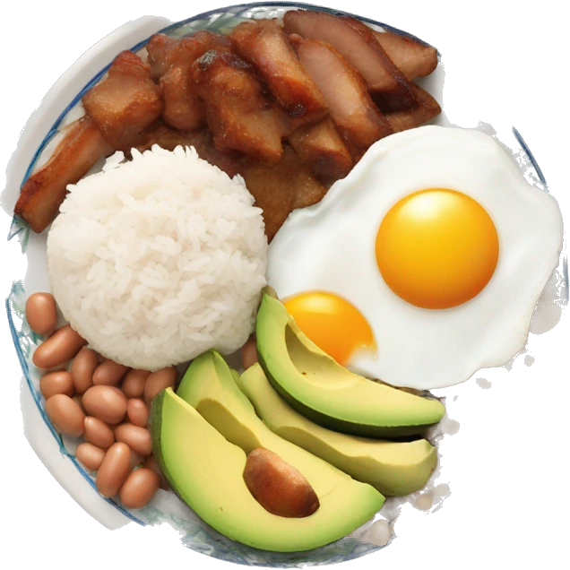 A plate with beans, rice, egg, avocado, and fried pork belly emoji