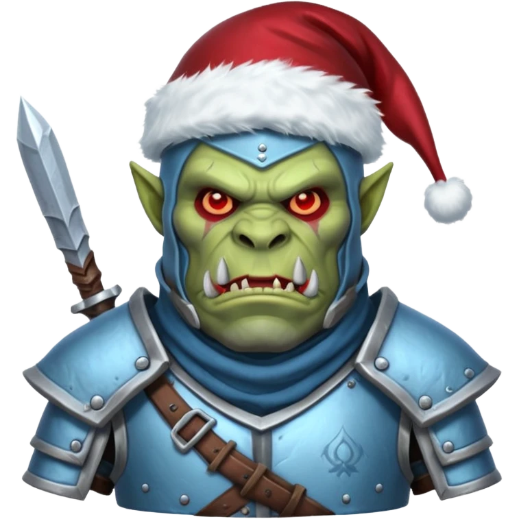 
Fantasy Christmas orc legion soldier icon, iron tundra army theme, heavy winter armor, disciplined brutal look, icy blue steel armor with deep crimson accents, frozen metal texture, cold winter atmosphere, male variant emoji