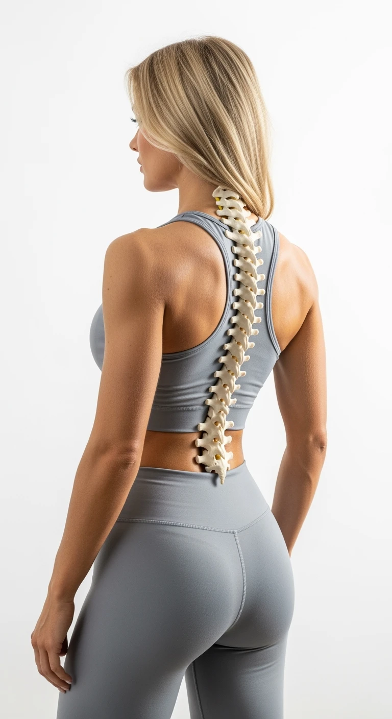 donna fitness di spalle con spina dorsale anatomica realistica in evidenza, sfondo bianco emoji