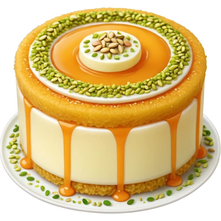 A small round emoji of traditional kanafeh with golden-orange crispy threads, a gooey white cheese center, and a light sprinkle of green pistachios. Warm and delicious-looking. emoji