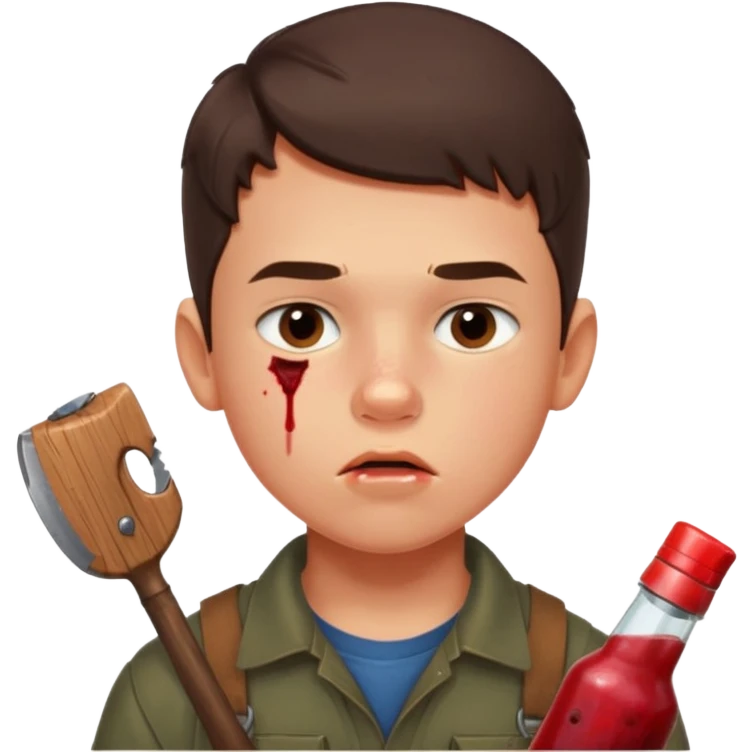 13 y/o Brian robeson at the beginning of Hatchet
determined, has hatchet, self-reliant, observant survivalist, berry juice on his lips, bug bites on cheeks, white boy, no bleeding or big cuts emoji