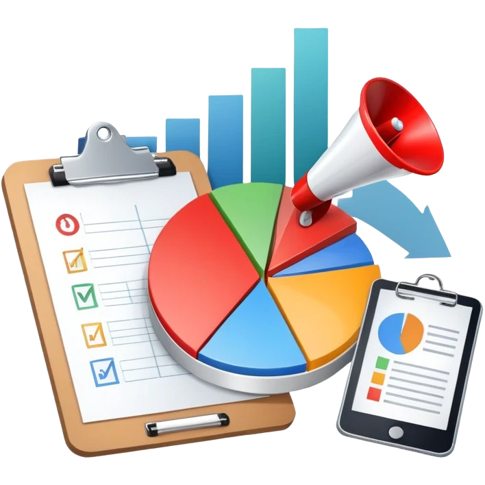 An icon featuring a pie chart, a megaphone, and a clipboard with strategy plans, symbolizing management and marketing. The design includes upward-trending graphs set against a modern office backdrop. Transparent background emphasizes business strategy and communication. emoji