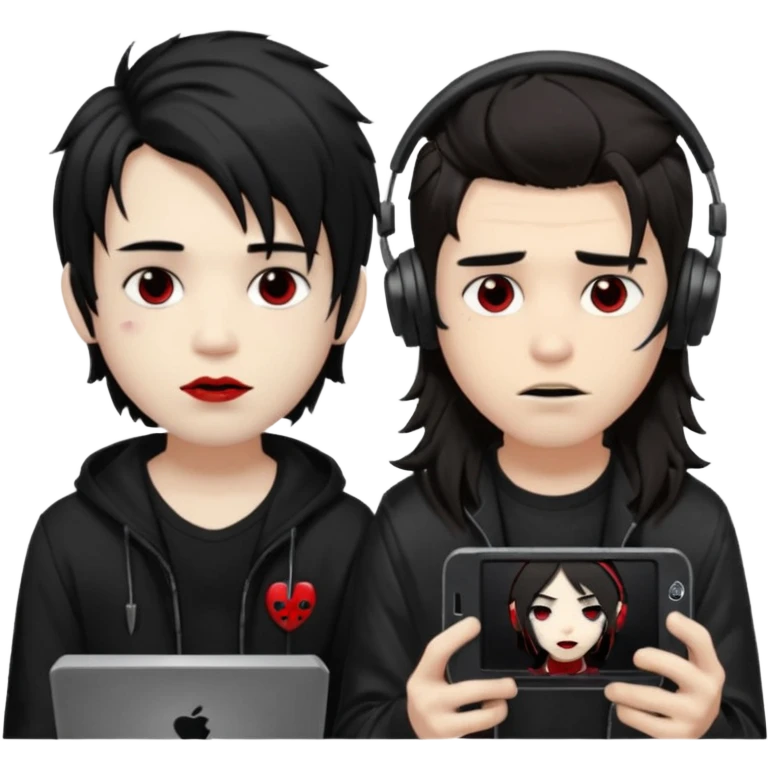pale Goth boy with a bunch of face piercings, with shaggy dark brown hair, smudged red lipstick next to a tan skin gamer boy with long black hair , they are watching tv together  emoji