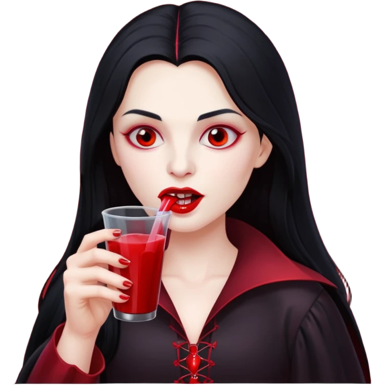 vampire using a juice box, long hair, red juice emoji
