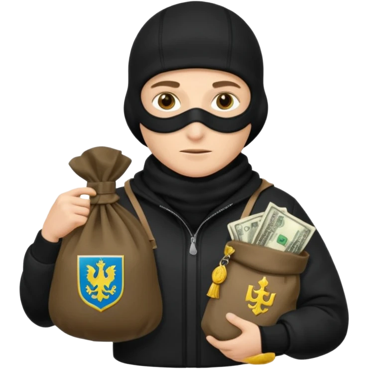 создай реалистичного белого украинца в черное одежде и черной балаклаве с большим мешком денег с  гербом страны на нем  emoji