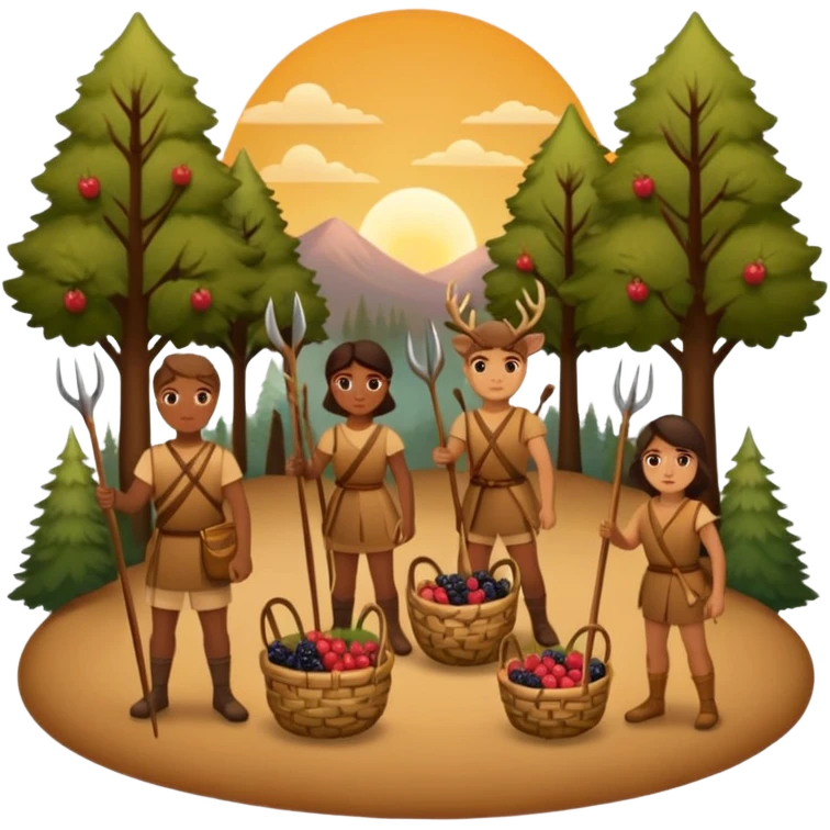 A simple, flat-style illustration of a small group of people with spears and baskets, gathering berries and hunting a deer, surrounded by trees and a sunset—emoji aesthetic, warm earth tones. emoji