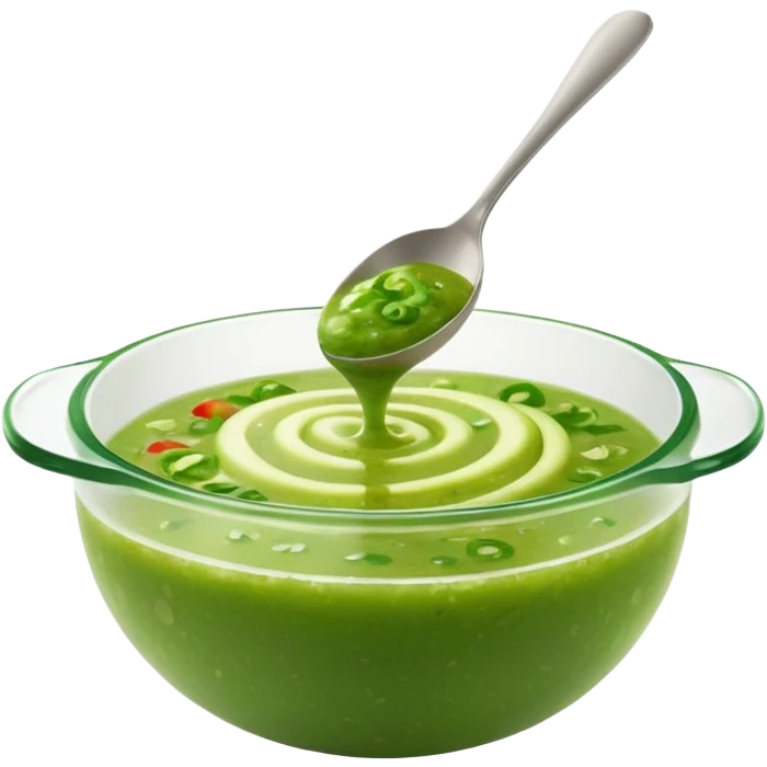 small swirl or spoonful of bright green salsa with slightly chunky blended texture, visible flecks of herbs like parsley or cilantro, glossy surface with soft peaks and smooth curves suggesting freshness and tanginess, apple emoji style, soft lighting, subtle shadows, emoji scale emoji