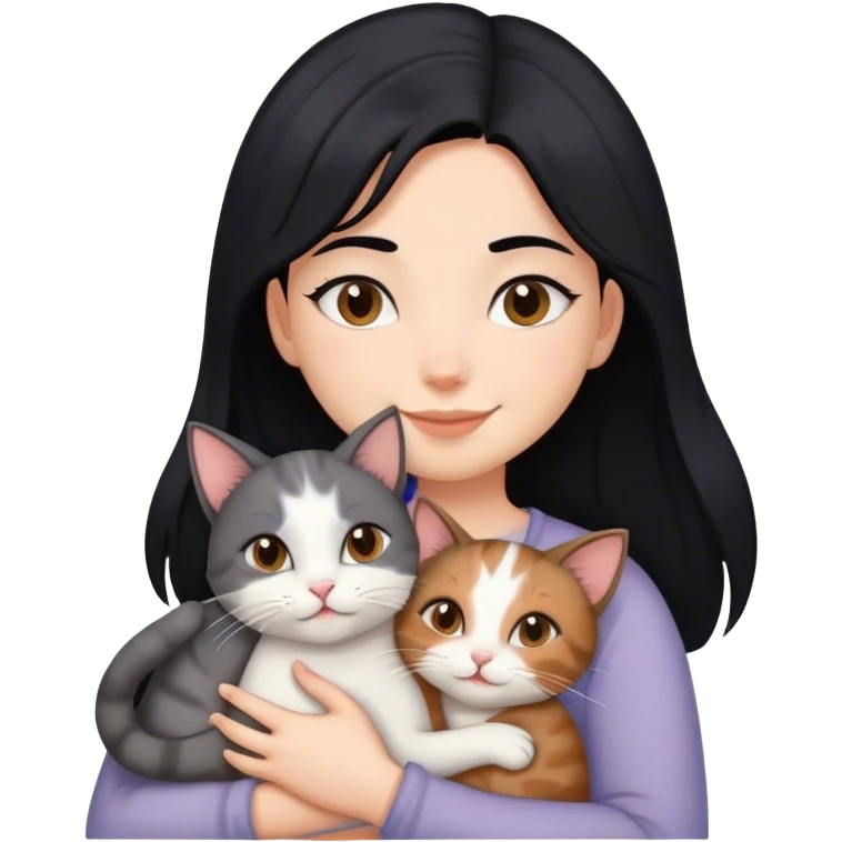 happy girl with black hair hugging three cats  (carey cat, gray cat, brown calico cat) emoji