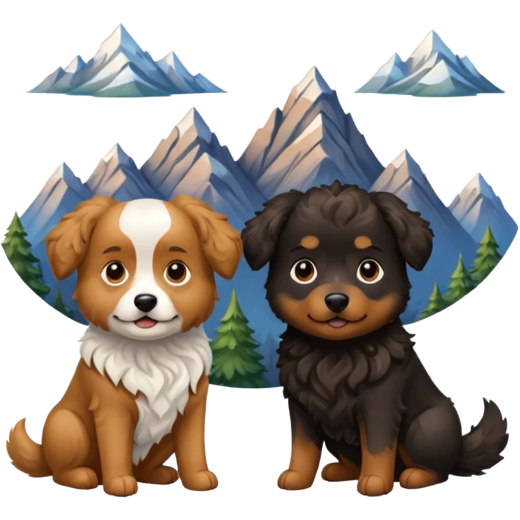 two dogs with wavy hair, one black and one brown with mountains emoji