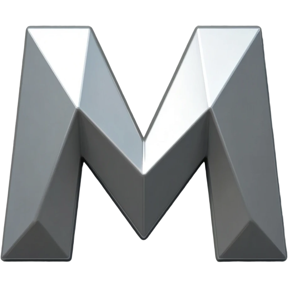 ...Minimalist 3D emoji based on image_e44ce5.png: massive polished chrome geometric 'M' raised metal relief, integrated central on deeply impressed bare heel in rough grey concrete. Harsh shadows, high contrast. Isolated on white --no background emoji
