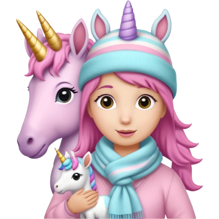 Una cebra bebé con una mamá unicornio abrigados, bufanda y gorro, estilo infantil muchos colores tonos pastel emoji