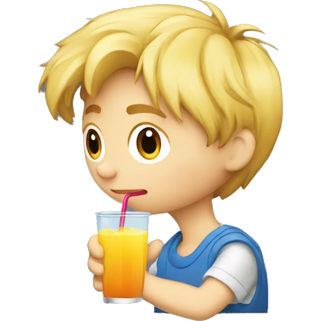 A blonde boy sucking or drinking juice with a straw while his hand is holding the drink, profile view emoji