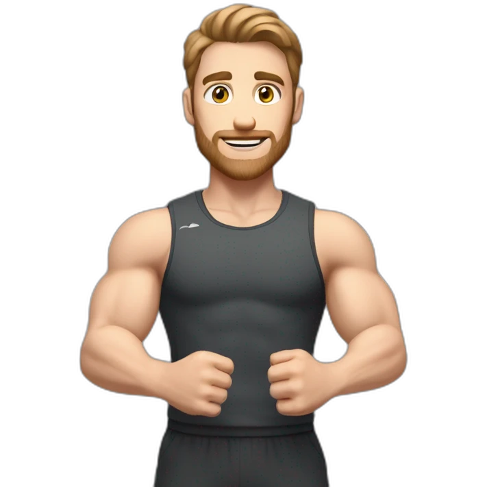 Close up Actively gesturing  with hands Pale skinned Fit Man With the biceps and brown hair in dark gray Sleeveless Mike, black oversize sports shorts, watch and white Sneakers emoji