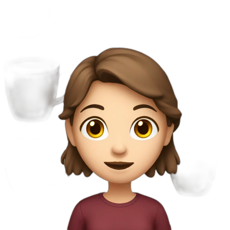 girl with brown hair, burgundy shirt with a large mug in her hand emoji