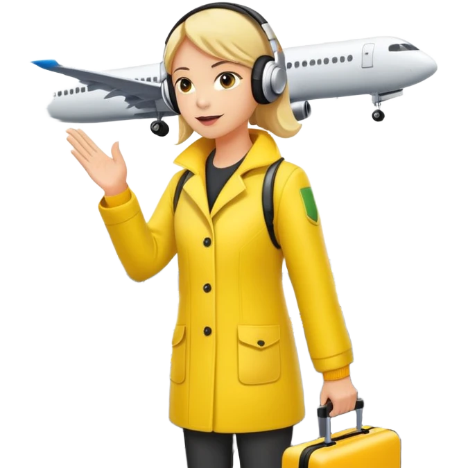 ramp agent at airport wearing bright yellow coat and headphones, directing aircraft emoji