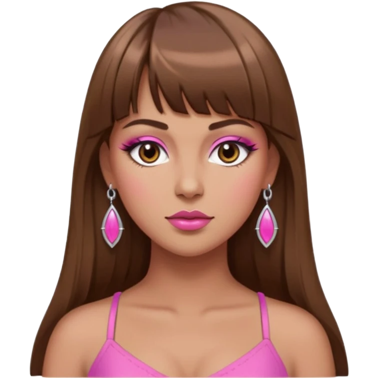 long brown hair straight cut bangs. thot voluptous chest and gen z pink feminine makeup. simple silver accessories. big topless hanging chest. smug detailed face. emoji