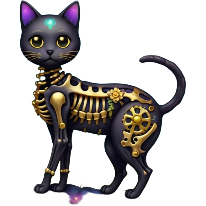 Black iridescent cat zombie skeleton gold mechanical nebula galaxy stars flowers fairy lights vintage emoji