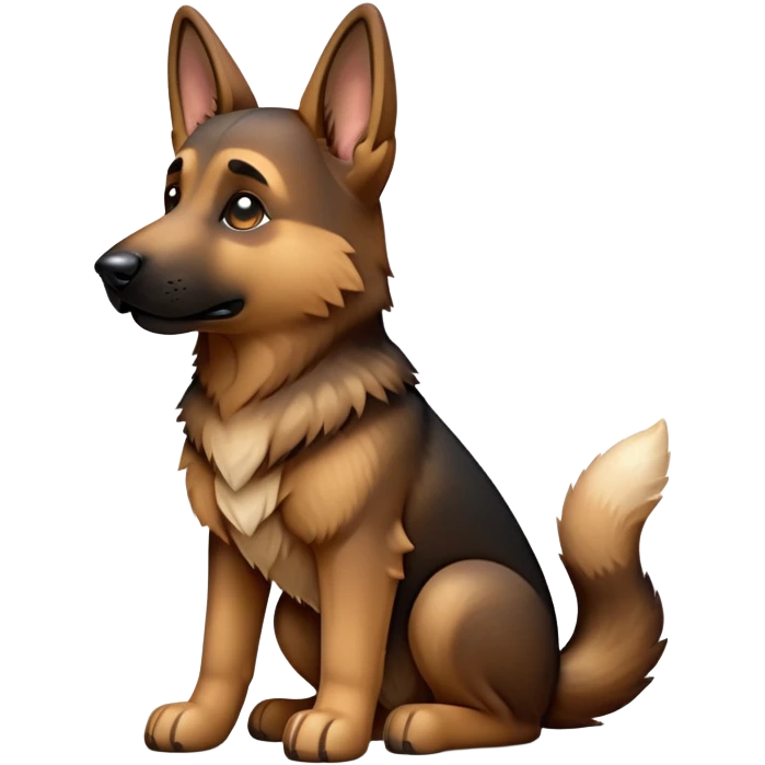 cinematic-[german shepherd]-realistic-full-body-sitting-emoji,-tail-resting-loosely-beside-its-paws,-head-tilted-dramatically,-sleek-[brown and black]-fur,-simplified-yet-realistic-focused-features,-highly-detailed,-glowing-with-an-almost-sarcastic-glow emoji
