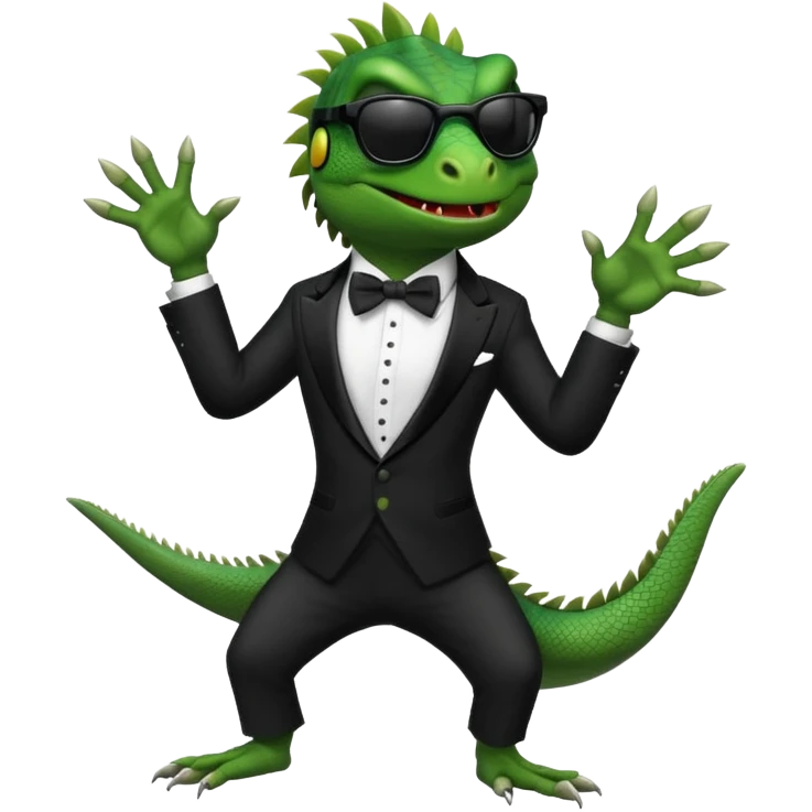 capitalist iguana in tuxedo with black sunglasses dancing emoji