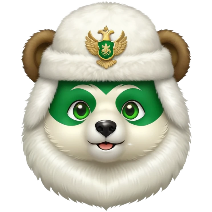 Happy Russian bear with bright green eyes, white fur ushanka hat with double-headed eagle insignia, cute facial expression emoji
