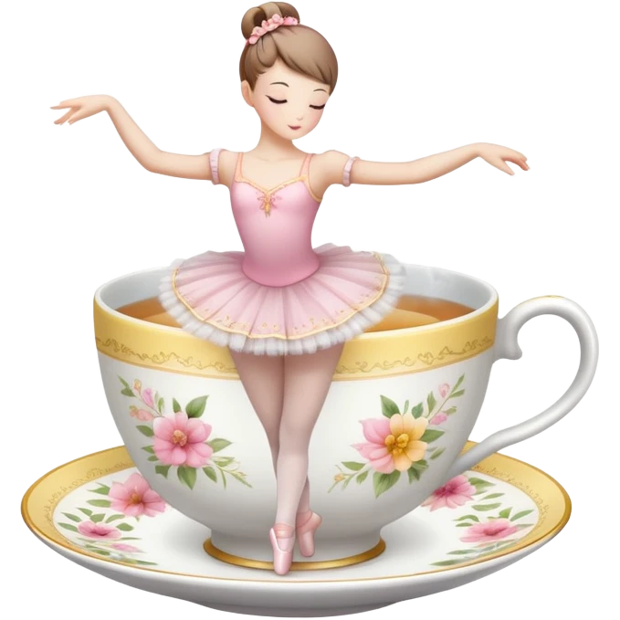 Porcelain tea cup with a floral pattern, steam rising, wearing a ballet tutu and in a graceful dance pose emoji