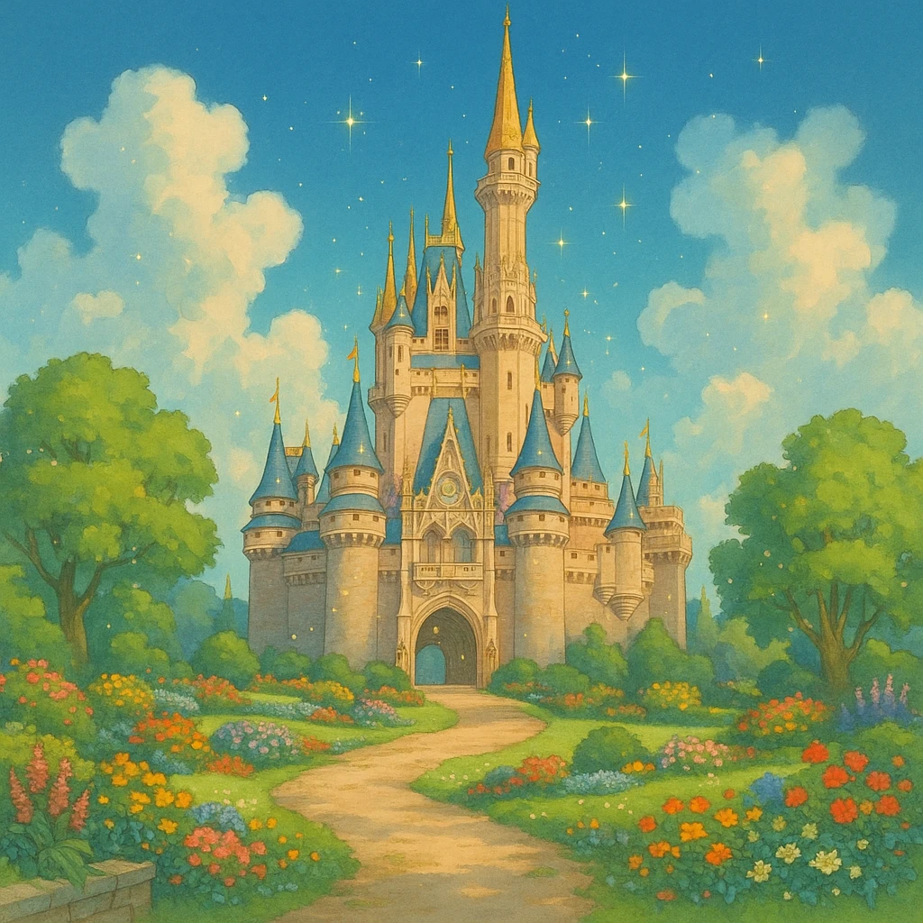 a disney castle, golden spires, lush gardens, sparkling details emoji