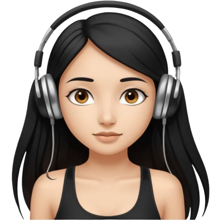 a fair indian girl with straight black long hair, wearing a black cami top. and wearing silver  headphones on emoji
