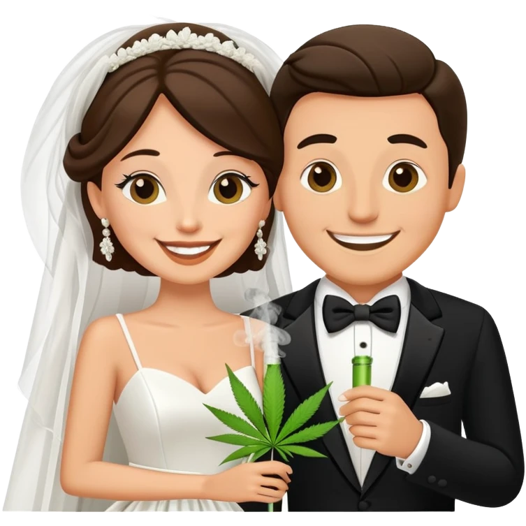 Bride in white dress and groom in tuxedo sharing a cannabis joint, cheerful cartoon wedding couple emoji