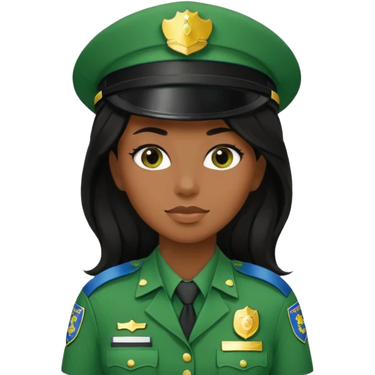 Female POLICE IN green, long black hair, brown skin emoji