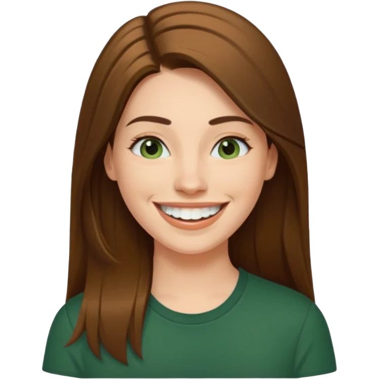 30 yr Caucasian woman long brown straight hair parted on side dark green shirt big smile white teeth emoji