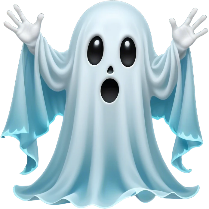 A hilariously exaggerated floating sheet ghost, its simple yet expressive form billowing with animated energy in vibrant whites and pale blues, with two wide, comically shocked eyes and a quirky, startled mouth, simplified yet overflowing with personality, highly detailed with a soft neon-like glowing outline, capturing the playful absurdity of a ghost caught off guard! emoji