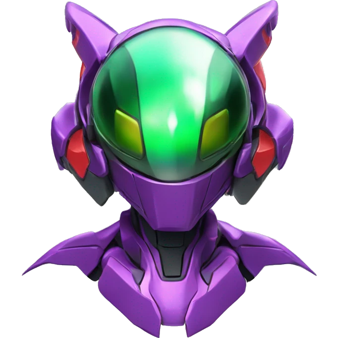 a shiny purple-green-red Genesect-Raptor-Fakémon—hybrid with a futuristic visor-helmet full body emoji