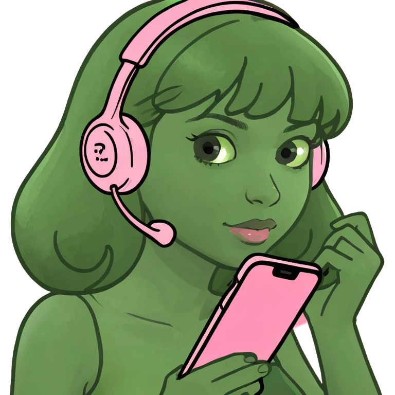 girl scrolling on pink phone emoji