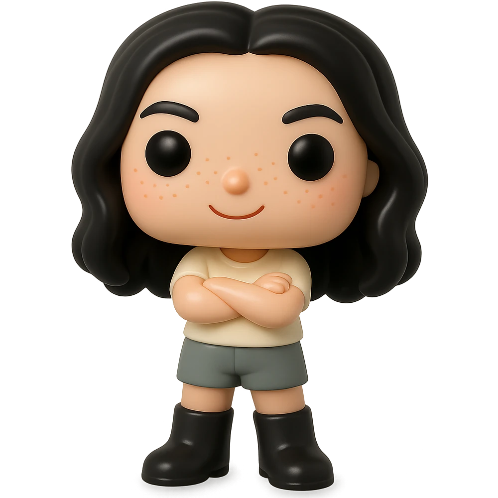 Create a Funko Pop style vinyl figure with realistic details. The figure has a cream-colored top, grey bottoms, dark boots, arms crossed, slightly rosy cheeks, very light freckles, a mischievous and cheerful expression, dark hair, and no mouth. The background should be transparent. emoji