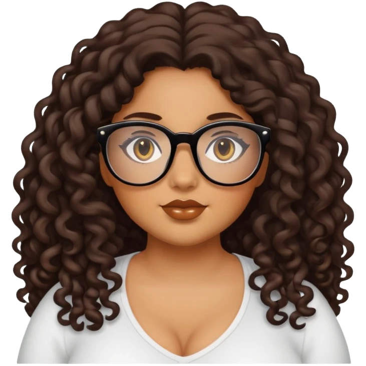 girl, caramel skin, long dark curly hair, plus size, black glasses emoji