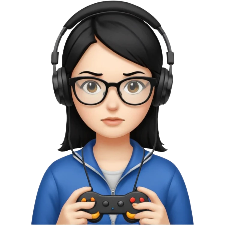 
gamer, woman shiny black hair no eyebrows with glasses, headphone, gamepad emoji